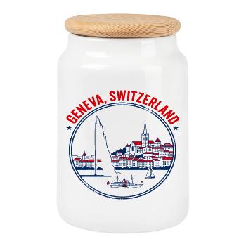 Genève Suisse Paysage urbain et emblème du lac - Boîte à biscuits avec couvercle en bois - blanc - Devant