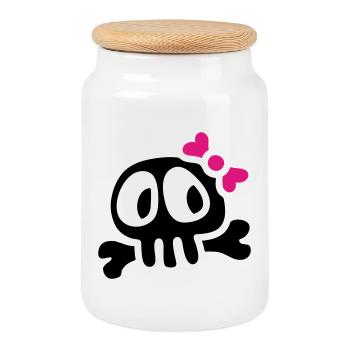 lady skull - Cookie Jar with Wooden Lid - white - Front