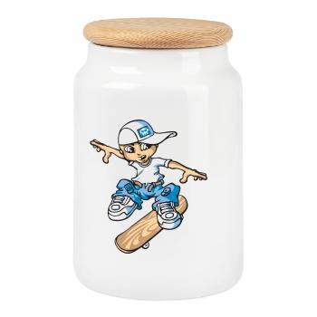 Garçon de patineur - Boîte à biscuits avec couvercle en bois - blanc - Devant