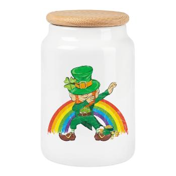 Dancing Leprechaun Dabbing Rainbow - Cookie Jar with Wooden Lid - white - Front