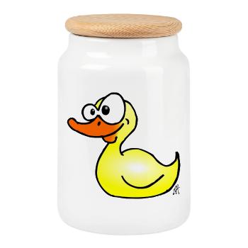 Playful Duck Cartoon Illustration - Cookie Jar with Wooden Lid - white - Front