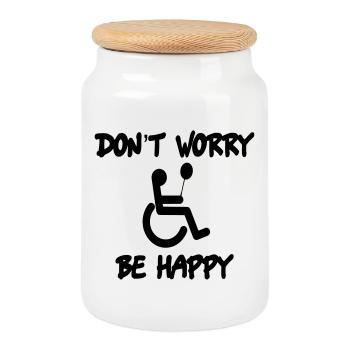 Ne vous inquiétez pas, soyez heureux en fauteuil roulant # - Boîte à biscuits avec couvercle en bois - blanc - Devant