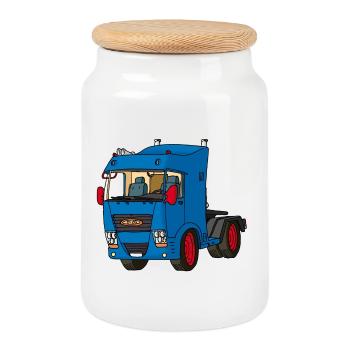 Blaue Zugmaschine - Keksdose mit Holzdeckel - Weiß - Vorne