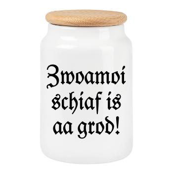 Zwoamoi schiaf is aa grod! Handwerker Spruch - Keksdose mit Holzdeckel - Weiß - Vorne