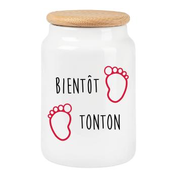 Bientôt Tonton / Bébé / Naissance / Oncle / Baby - Boîte à biscuits avec couvercle en bois - blanc - Devant