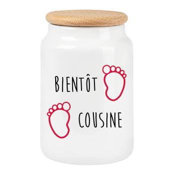 Bientôt Cousine / Cousin / Bébé / Naissance / Baby - Boîte à biscuits avec couvercle en bois - blanc - Devant
