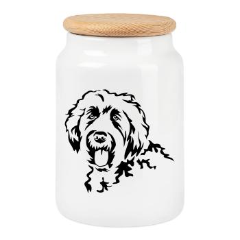 Labradoodle head - Cookie Jar with Wooden Lid - white - Front