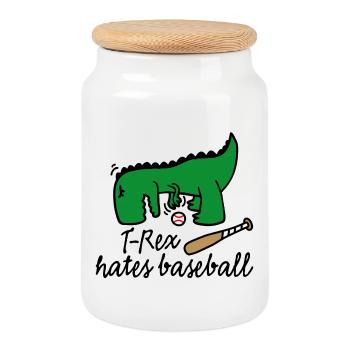 T-Rex hates baseball Dinosaurier Baseballspieler - Keksdose mit Holzdeckel - Weiß - Vorne