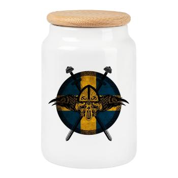 Viking Viking Suède drapeau Corbeau Design - Boîte à biscuits avec couvercle en bois - blanc - Devant