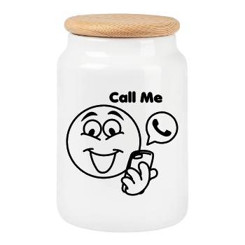 Stick head with phone and text 'call me - Cookie Jar with Wooden Lid - white - Front