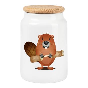 Niedliches Nagetier Biber mit angeknabbertem Holz - Keksdose mit Holzdeckel - Weiß - Vorne