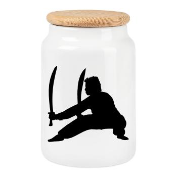 Pratiquant de Kung Fu avec deux épées - Boîte à biscuits avec couvercle en bois - blanc - Devant
