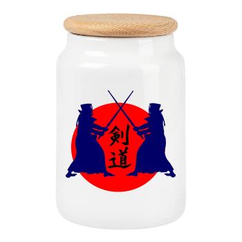 Kendo two Kendoka in fighting mode with red sun kend - Cookie Jar with Wooden Lid - white - Front
