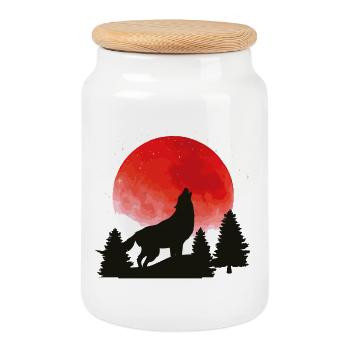 Wolf's Call on the Red Moon - Cookie Jar with Wooden Lid - white - Front