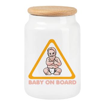 Panneau d’avertissement bébé à bord avec illustration de bébé - Boîte à biscuits avec couvercle en bois - blanc - Devant