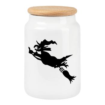 Sorcière avec un balai drôle - Boîte à biscuits avec couvercle en bois - blanc - Devant