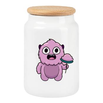 Cute Pink Monster | Funny Lollipop Chibi - Cookie Jar with Wooden Lid - white - Front