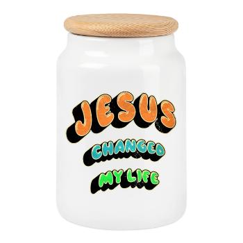 Jesus changed my life - Cookie Jar with Wooden Lid - white - Front