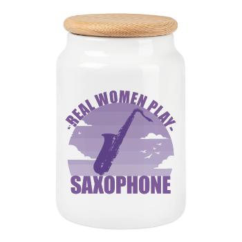 Saxophone Instrument Musician Girl Gift - Cookie Jar with Wooden Lid - white - Front