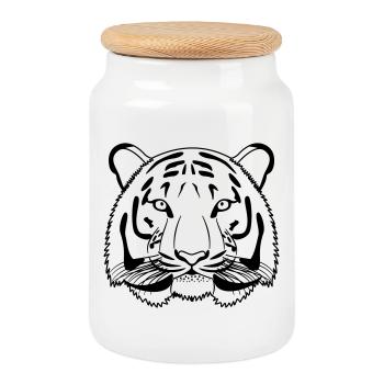 Tête de tigre - contour sombre - Boîte à biscuits avec couvercle en bois - blanc - Devant