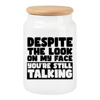 Despite my expression, you're still talking # - Cookie Jar with Wooden Lid - white - Front