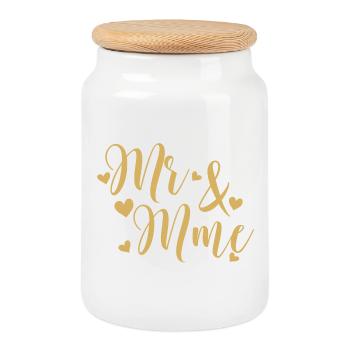 Mr And Mrs Golden Script - Cookie Jar with Wooden Lid - white - Front