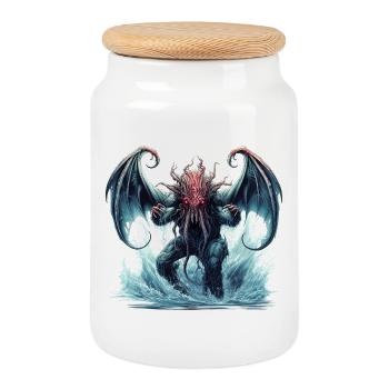 Cthulhu Cosmic Horror Fantasy Motif - Cookie Jar with Wooden Lid - white - Front