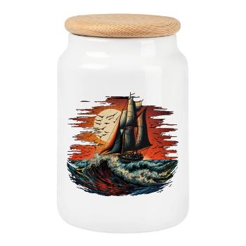 Segelschiff bei voller Fahrt - Keksdose mit Holzdeckel - Weiß - Vorne
