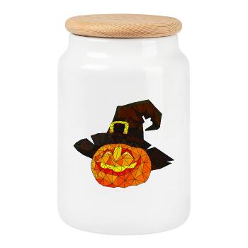 Polygonaler Halloween Kürbis dreieckige Poly Kunst - Keksdose mit Holzdeckel - Weiß - Vorne