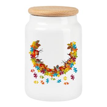 Colorful Autumn Frame with Autumn Foliage Puzzle Pieces - Cookie Jar with Wooden Lid - white - Front