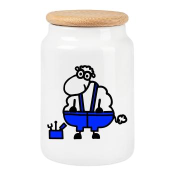 Craftsman's sheep, hero of labor - Cookie Jar with Wooden Lid - white - Front
