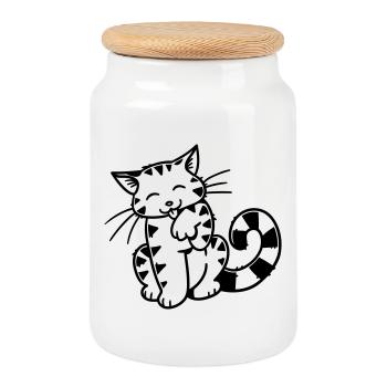 Chaton de dessin animé - Boîte à biscuits avec couvercle en bois - blanc - Devant