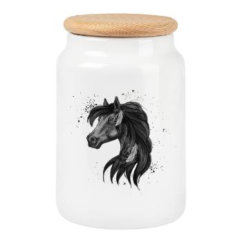 Graceful Black Horse Motif - Cookie Jar with Wooden Lid - white - Front