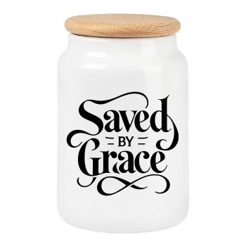 Saved by Grace Schriftzug Design - Keksdose mit Holzdeckel - Weiß - Vorne