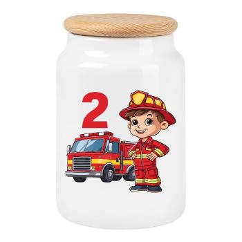 2 Anniversaire Camion de pompiers Pompier Pompiers - Boîte à biscuits avec couvercle en bois - blanc - Devant
