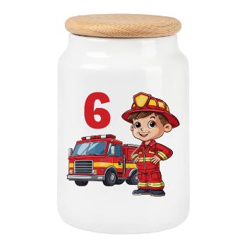 Fire Brigade 6 Birthday Fire Truck Firefighter - Cookie Jar with Wooden Lid - white - Front