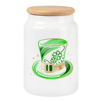 St Patrick's Day Hat Top Hat with Clover - Cookie Jar with Wooden Lid - white - Front