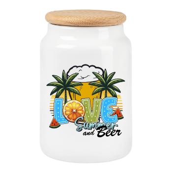 Love Summer Tropen-Logo mit Palmen & Bier - Keksdose mit Holzdeckel - Weiß - Vorne