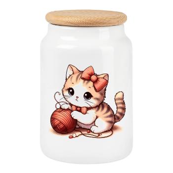 Cat Game - Cookie Jar with Wooden Lid - white - Front
