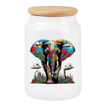 Éléphant dans un paysage urbain de métropole - Boîte à biscuits avec couvercle en bois - blanc - Devant