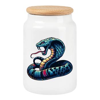 dynamisches und farbenfrohes Cobra-Schlangen Motiv - Keksdose mit Holzdeckel - Weiß - Vorne