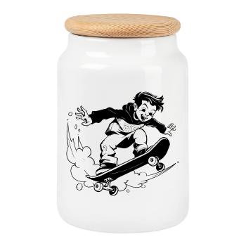 Cartoon Skateboarding Boy - Cookie Jar with Wooden Lid - white - Front