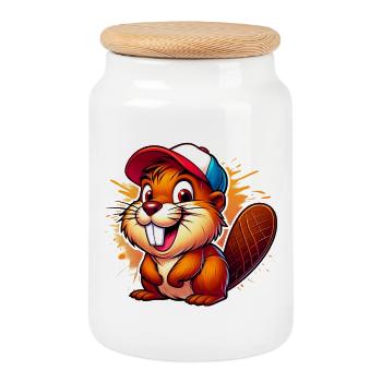 Biber mit Baseballkappe - Keksdose mit Holzdeckel - Weiß - Vorne