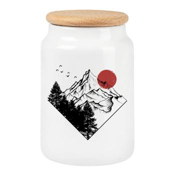 Red Sun Summit Silhouette - Cookie Jar with Wooden Lid - white - Front