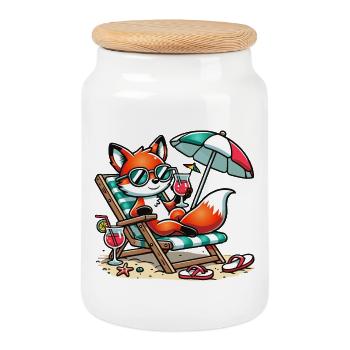 Cheerful cartoon fox on the beach on a lounger - Cookie Jar with Wooden Lid - white - Front