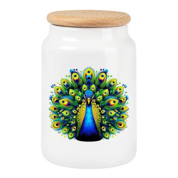 Peacock - Cookie Jar with Wooden Lid - white - Front