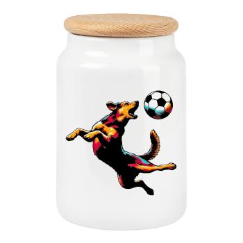Le chien joue avec un ballon de football - Boîte à biscuits avec couvercle en bois - blanc - Devant