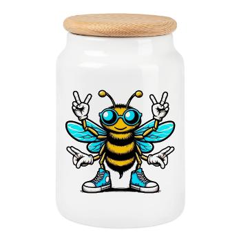 Biene mit Sonnenbrille - Keksdose mit Holzdeckel - Weiß - Vorne