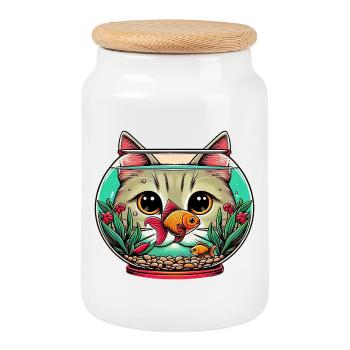 Aquarium Katze mit Goldfisch - Keksdose mit Holzdeckel - Weiß - Vorne