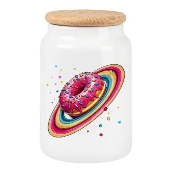 Ein Donut mit bunten Streuseln als Planet Saturn - Keksdose mit Holzdeckel - Weiß - Vorne